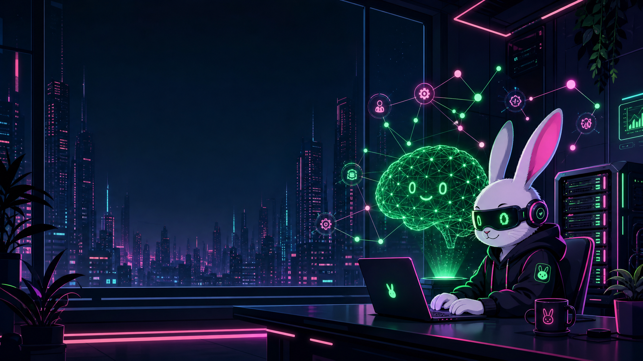 Cyberpunk bunny AI lab banner with neural network and local servers